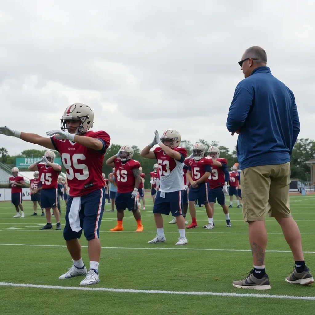 High school football players practicing under cloudy skies