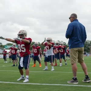 High school football players practicing under cloudy skies