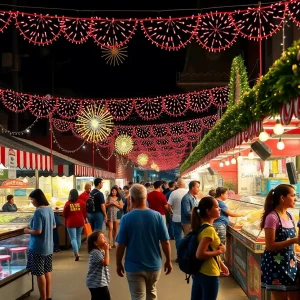 Families enjoying the Mission Viejo Night Market with food stalls and games