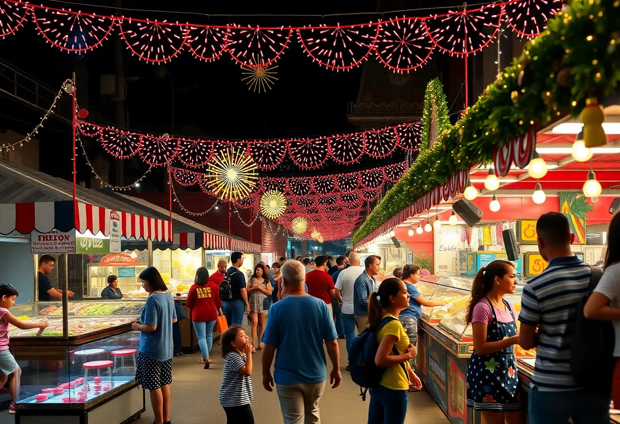 Families enjoying the Mission Viejo Night Market with food stalls and games