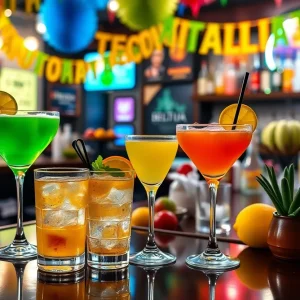 A variety of tequila cocktails and colorful decorations for National Tequila Day