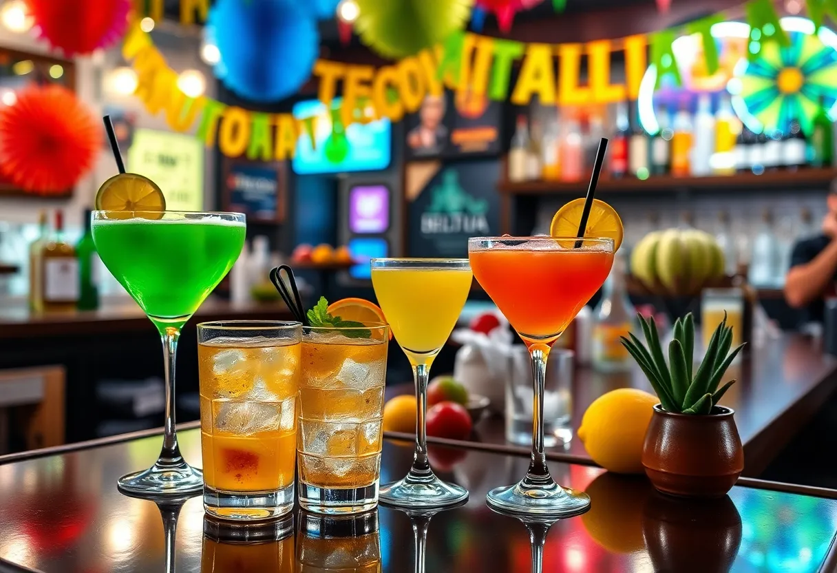 Tequila and margaritas on bar counter for National Tequila Day