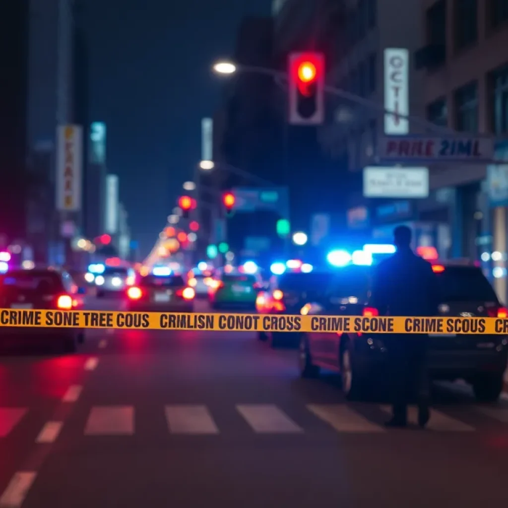 Police attend the scene of an armed robbery in Pasadena with crime scene tape.