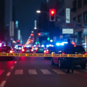 Police attend the scene of an armed robbery in Pasadena with crime scene tape.