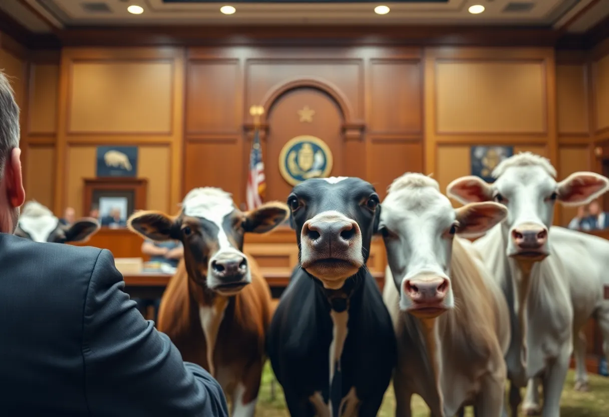 Courtroom scene depicting the Proposition 12 lawsuit
