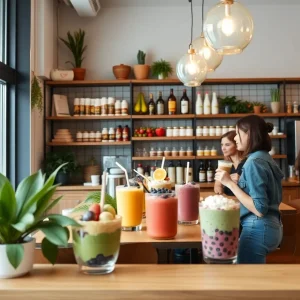 Interior of Pure Green smoothie shop with customers enjoying drinks.