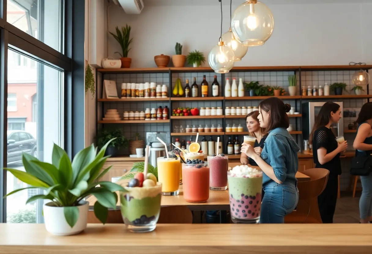 Interior of Pure Green smoothie shop with customers enjoying drinks.