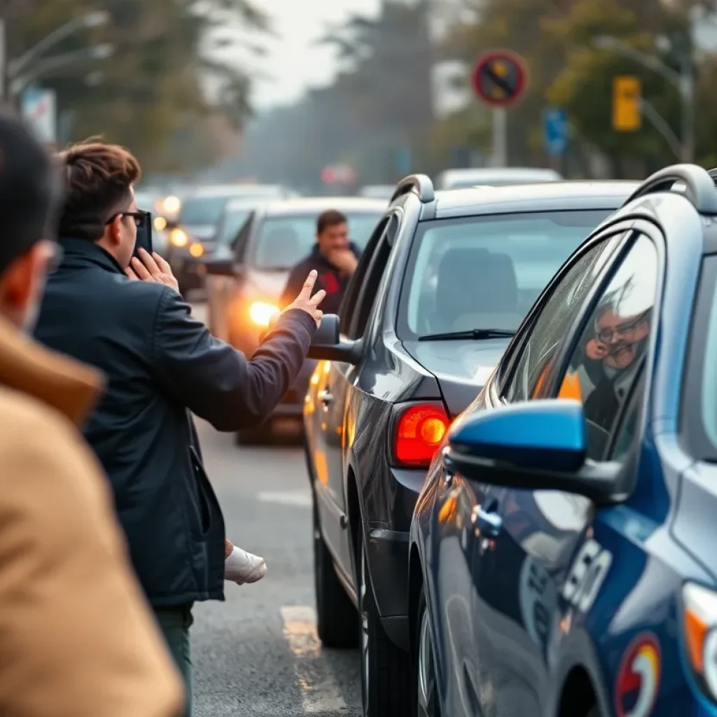 Road rage incident on a busy street reflecting tension and conflict.