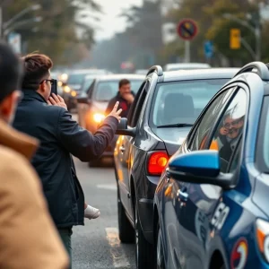 Road rage incident on a busy street reflecting tension and conflict.