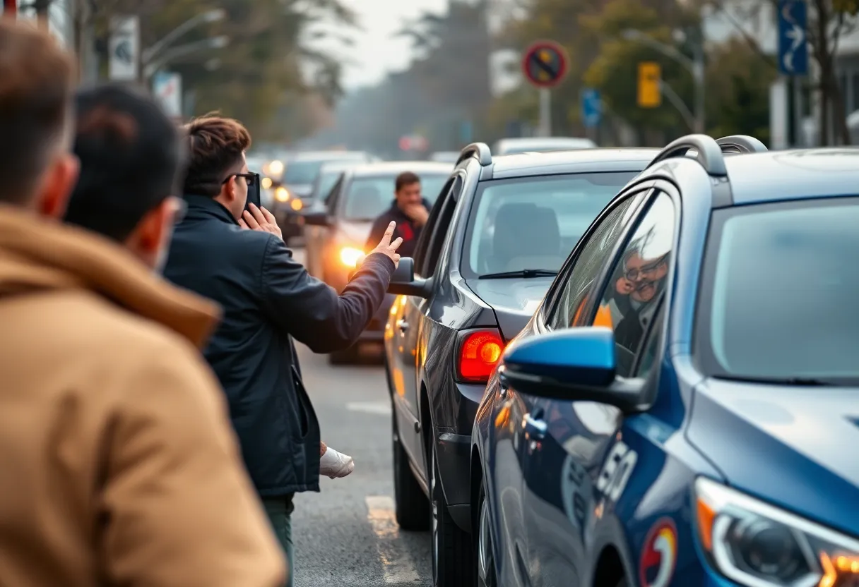Road rage incident on a busy street reflecting tension and conflict.
