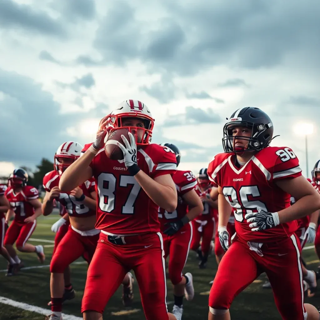 High school football players in action during a game