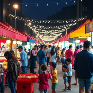 Families enjoying the Stars and Stripes Night Market with food stalls and music.