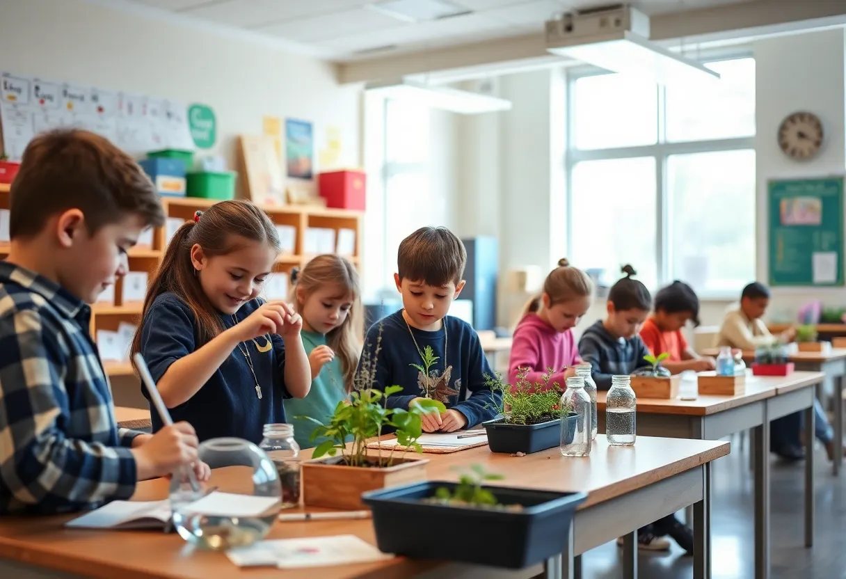Students participating in hands-on learning activities in a classroom