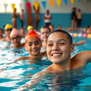 Athletes training in a swimming pool during a training camp