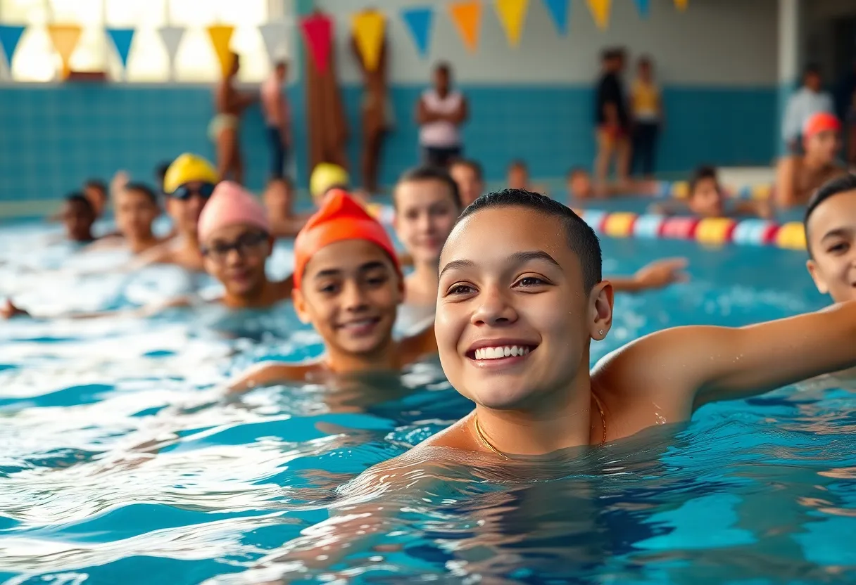 Athletes training in a swimming pool during a training camp