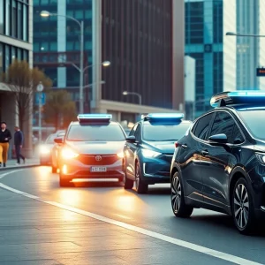 Tesla electric vehicles in a ridesharing scenario in a modern city.