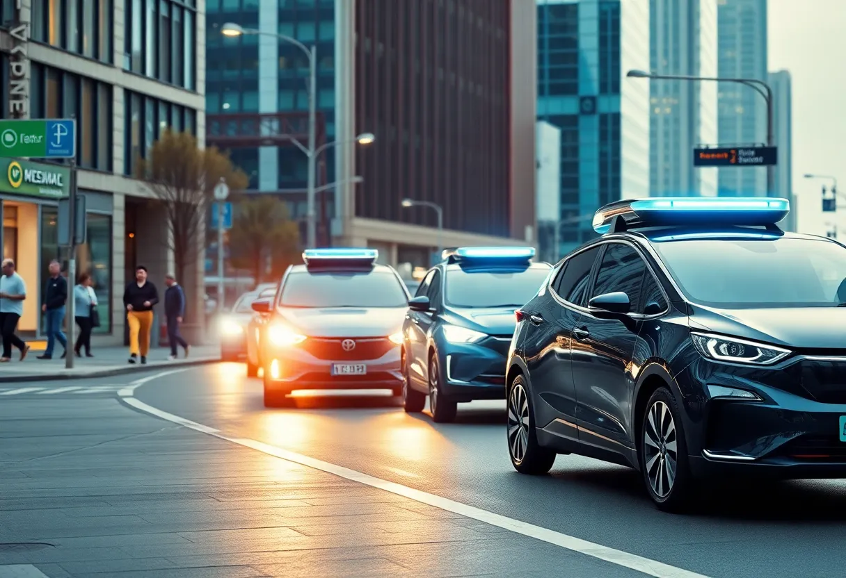 Tesla electric vehicles in a ridesharing scenario in a modern city.