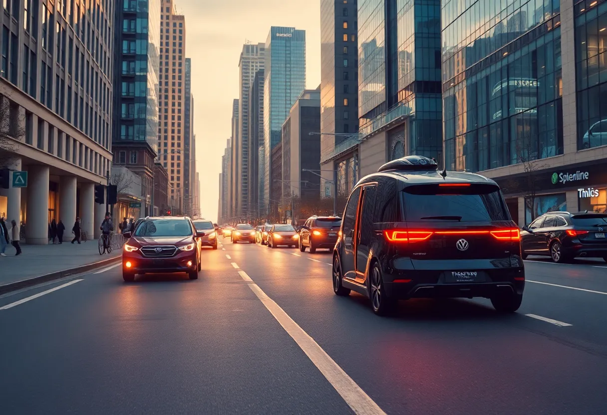Illustration of Tesla's futuristic robotaxi service in an urban setting