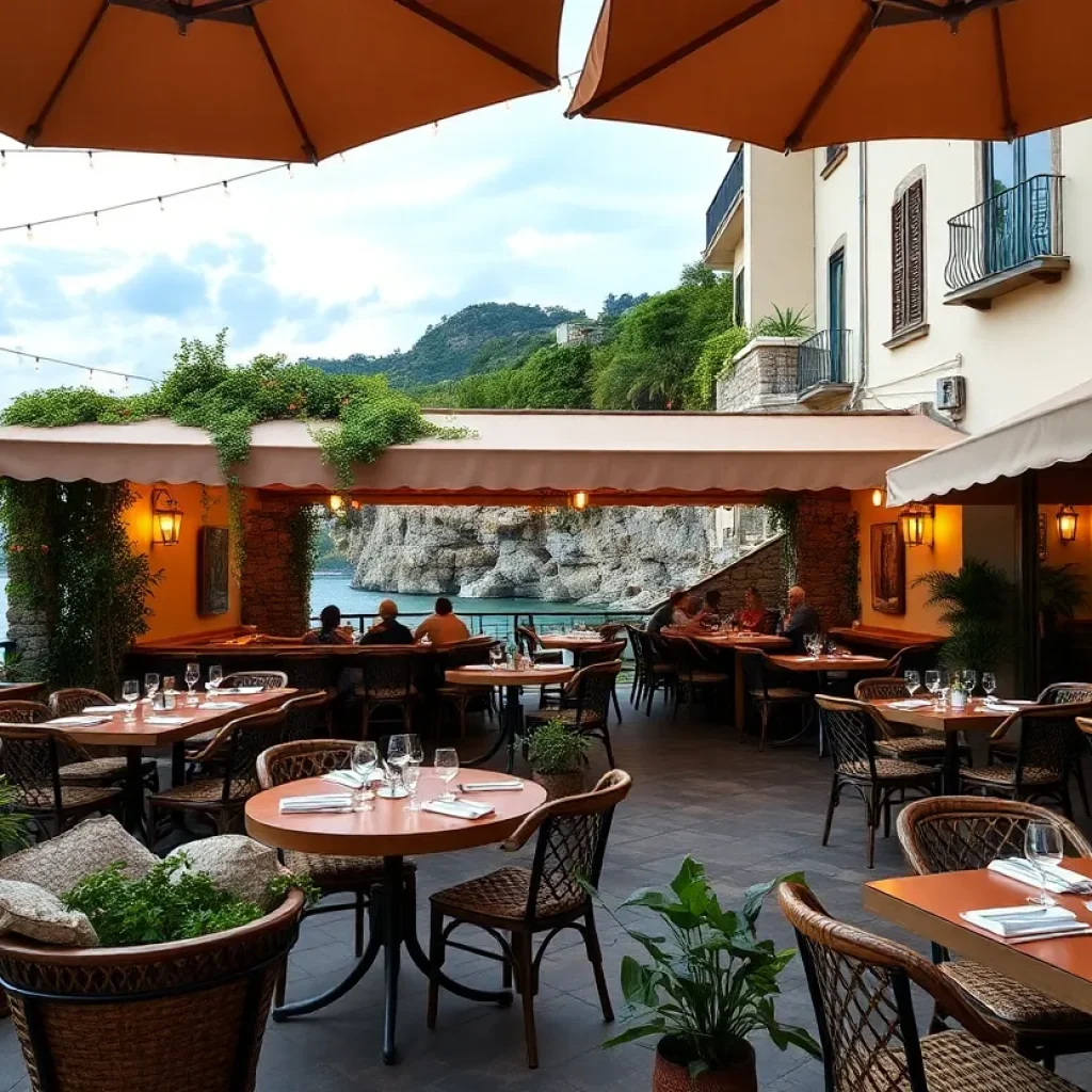 Interior view of Truly Pizza with outdoor seating and Amalfi Coast design elements.