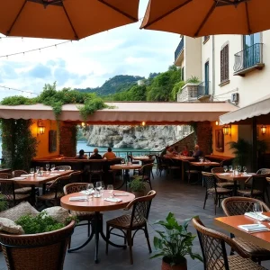 Interior view of Truly Pizza with outdoor seating and Amalfi Coast design elements.