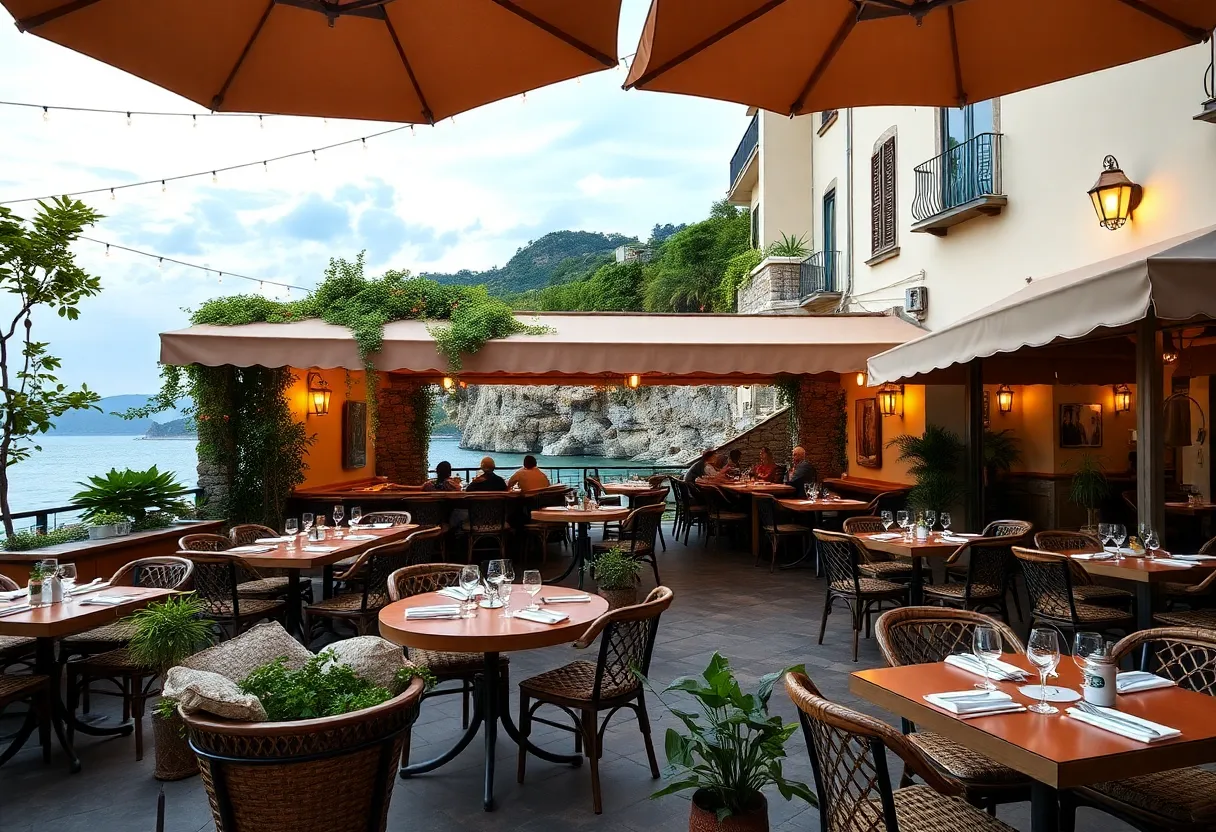Interior view of Truly Pizza with outdoor seating and Amalfi Coast design elements.