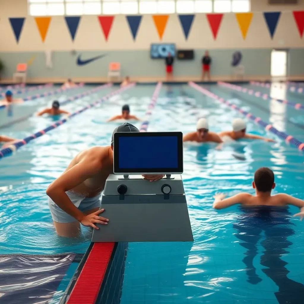 Swimmers training in a pool with data analytics equipment