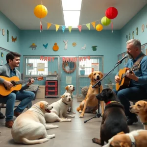 Musicians playing in an animal shelter with pets around them.