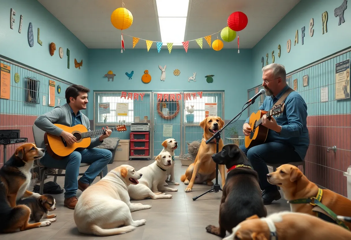 Musicians playing in an animal shelter with pets around them.