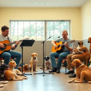 Musicians performing for shelter animals in a calm environment