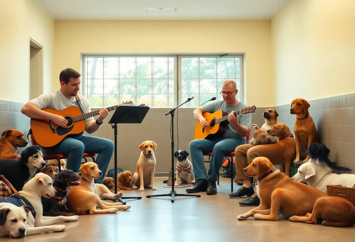 Musicians performing for shelter animals in a calm environment
