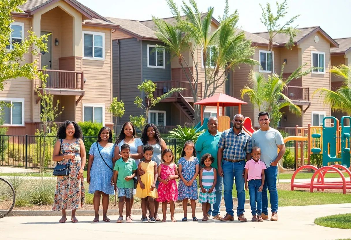Families in front of newly built affordable housing units in California
