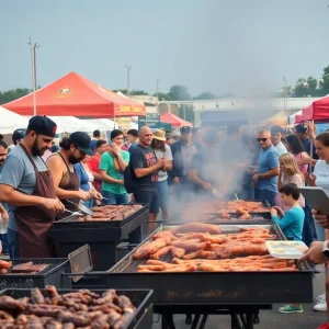 Crowd enjoying BBQ Music Fest with grillers and live music