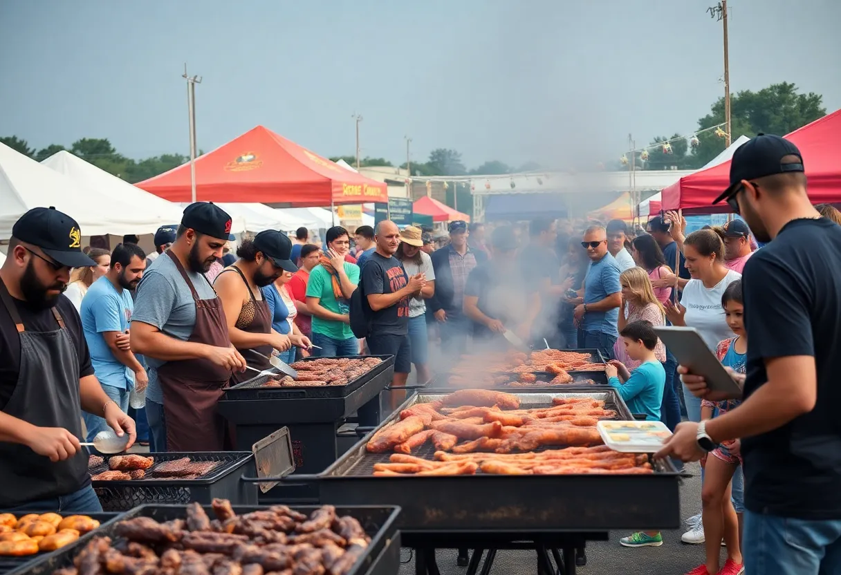 Crowd enjoying BBQ Music Fest with grillers and live music