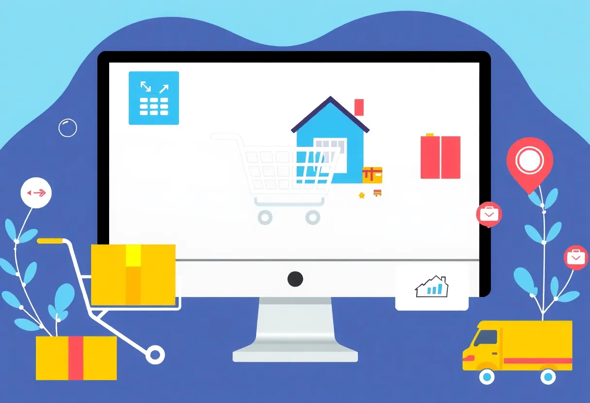 An illustration depicting online shopping for home goods with fast delivery symbols.