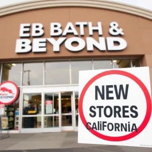 Exterior view of a Bed Bath & Beyond store with a notice about store openings.