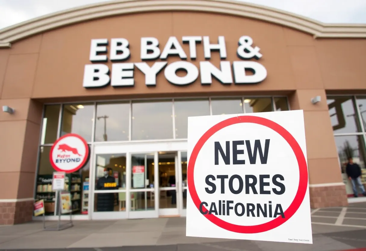 Exterior view of a Bed Bath & Beyond store with a notice about store openings.