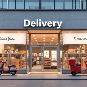 An artistic depiction of a modern retail store emphasizing e-commerce and delivery