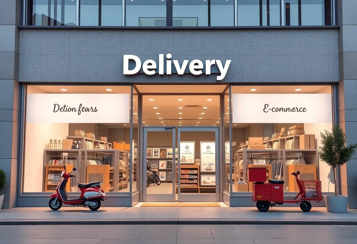 An artistic depiction of a modern retail store emphasizing e-commerce and delivery