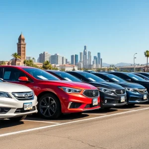 Overview of California auto insurance rates with parked cars and landmarks.