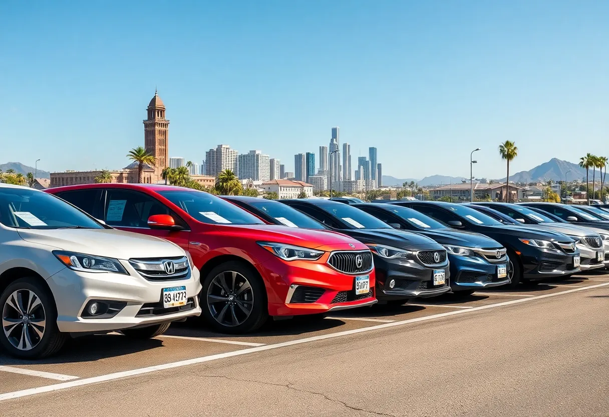 Overview of California auto insurance rates with parked cars and landmarks.