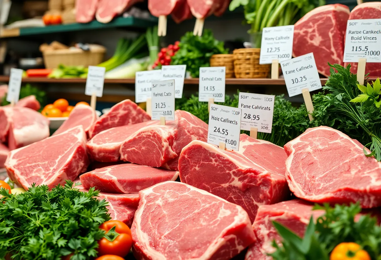 Display of various beef cuts with prices at a market