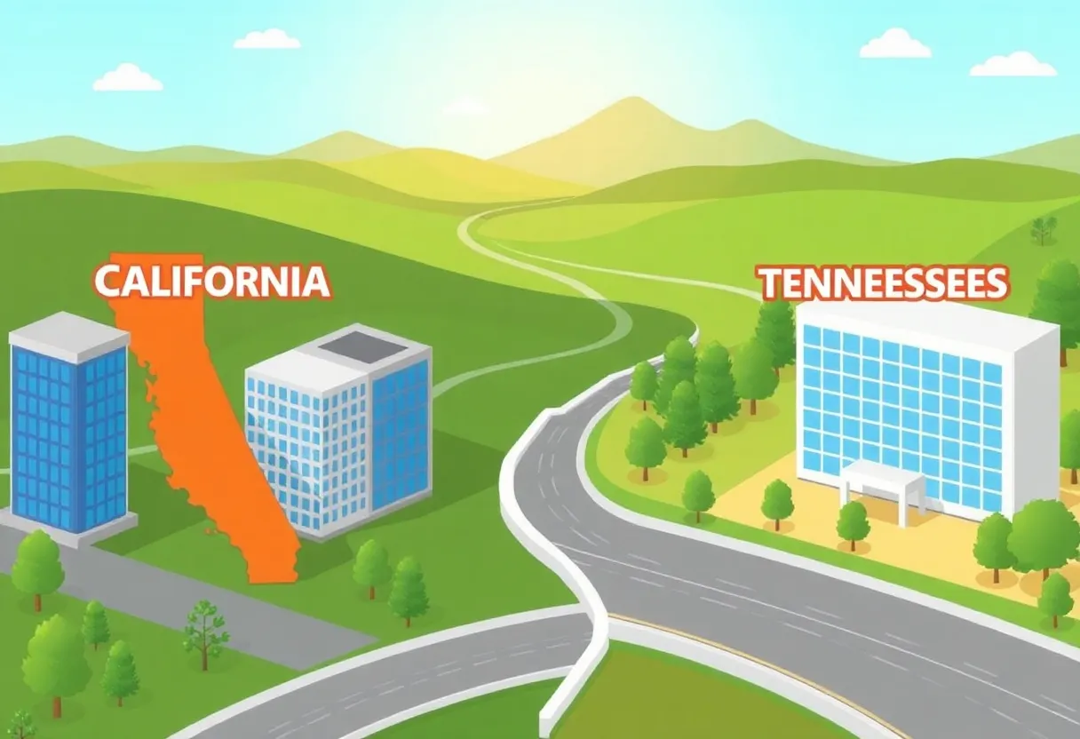 Illustration representing the business landscape in California versus Tennessee.