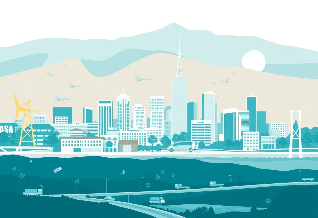 A skyline and financial symbols representing California's economic future