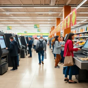 A grocery store checkout area with self-checkout machines and a staffed register.