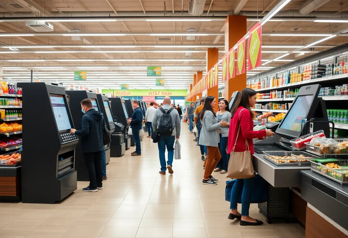 A grocery store checkout area with self-checkout machines and a staffed register.