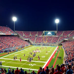 High school football stadium filled with spectators and players preparing for the game at night.