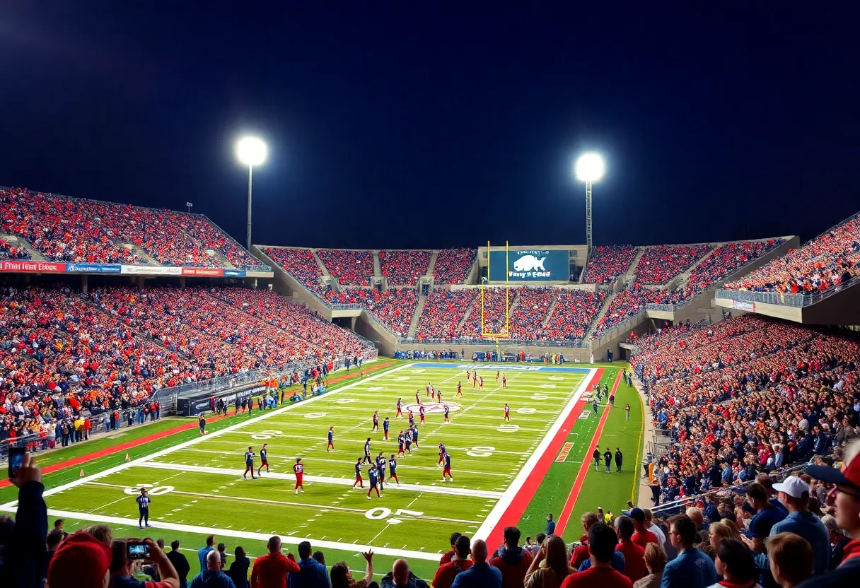 High school football stadium filled with spectators and players preparing for the game at night.