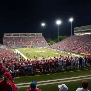 High school football game with fans cheering under stadium lights