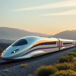 Conceptual image of California high-speed rail train traveling through a scenic landscape.