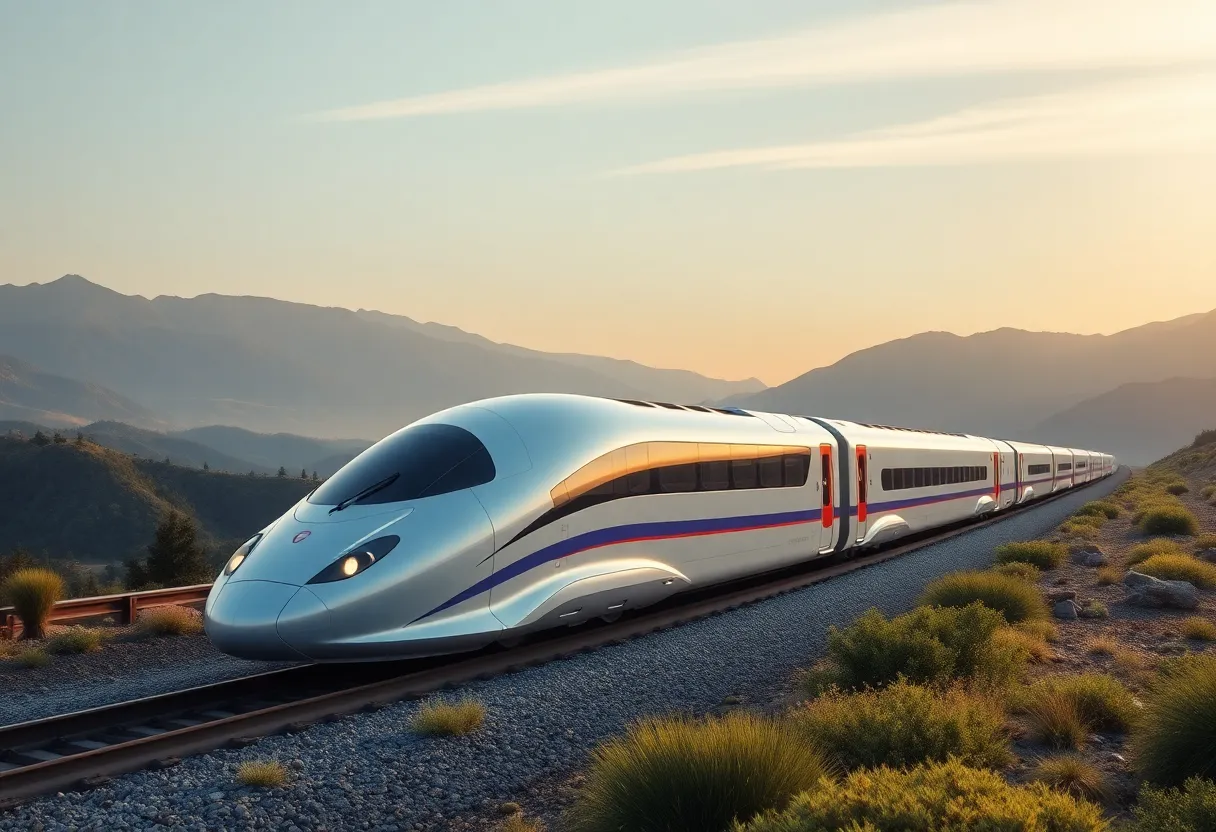 Conceptual image of California high-speed rail train traveling through a scenic landscape.